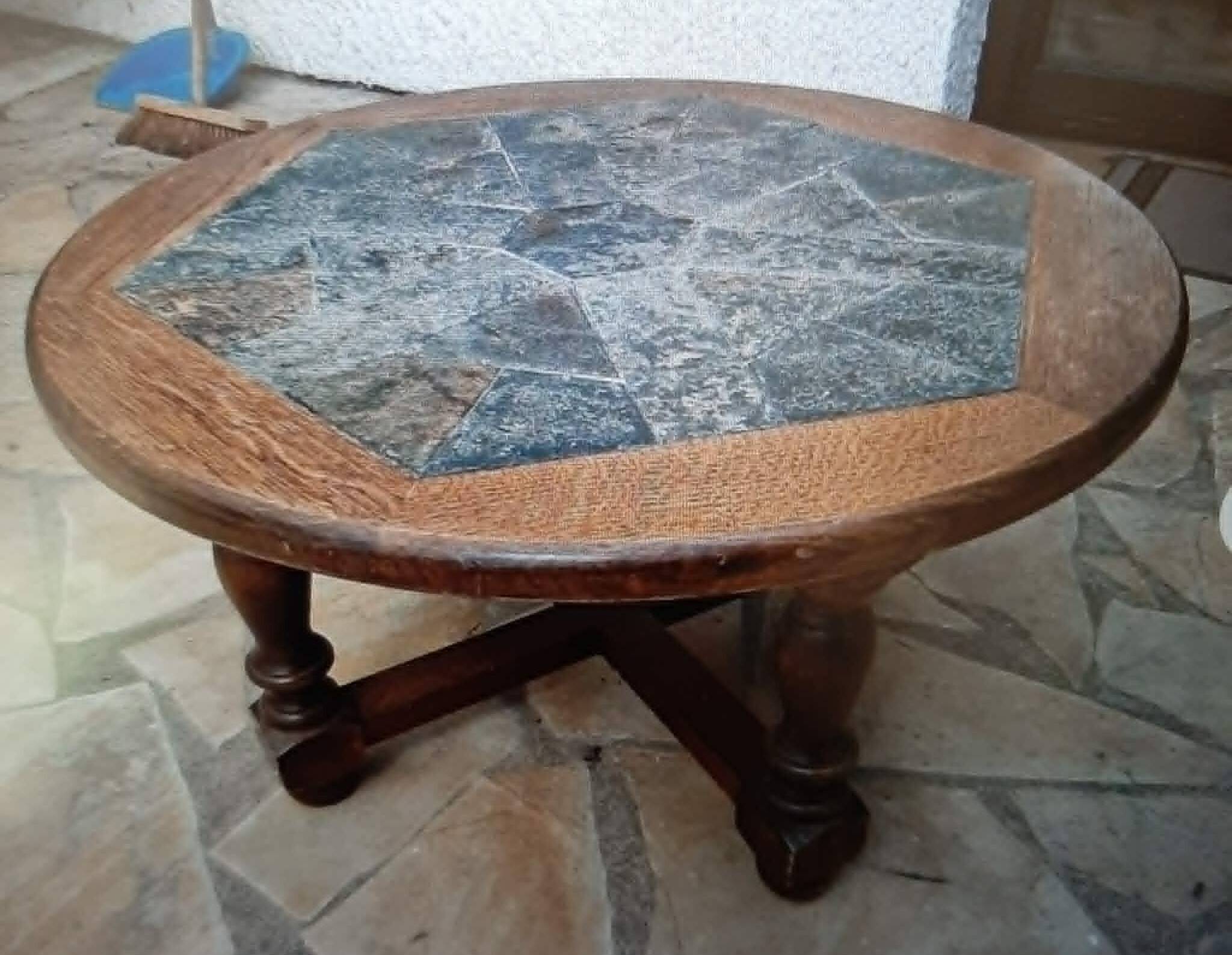 Round coffee table in solid oak and slate / signed Motard