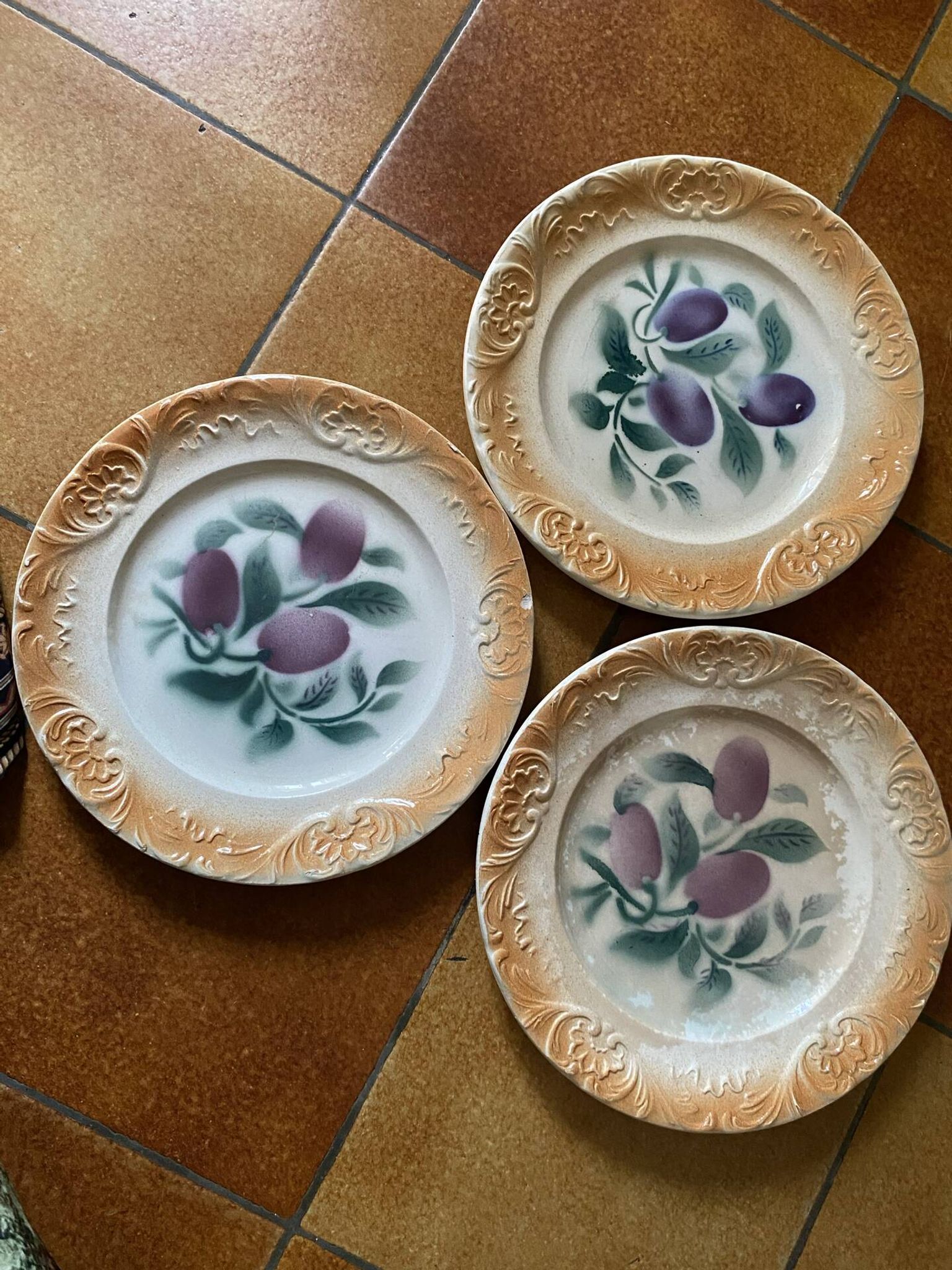 Old dessert plates in Digoin earthenware — Plum decoration (Lot