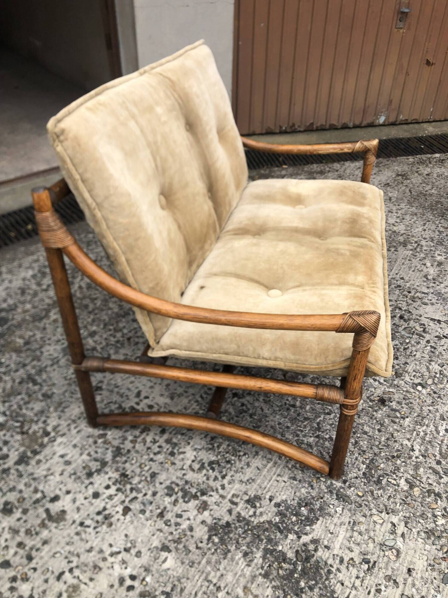 2-seater rattan sofa with vintage velvet cushions from the 70s