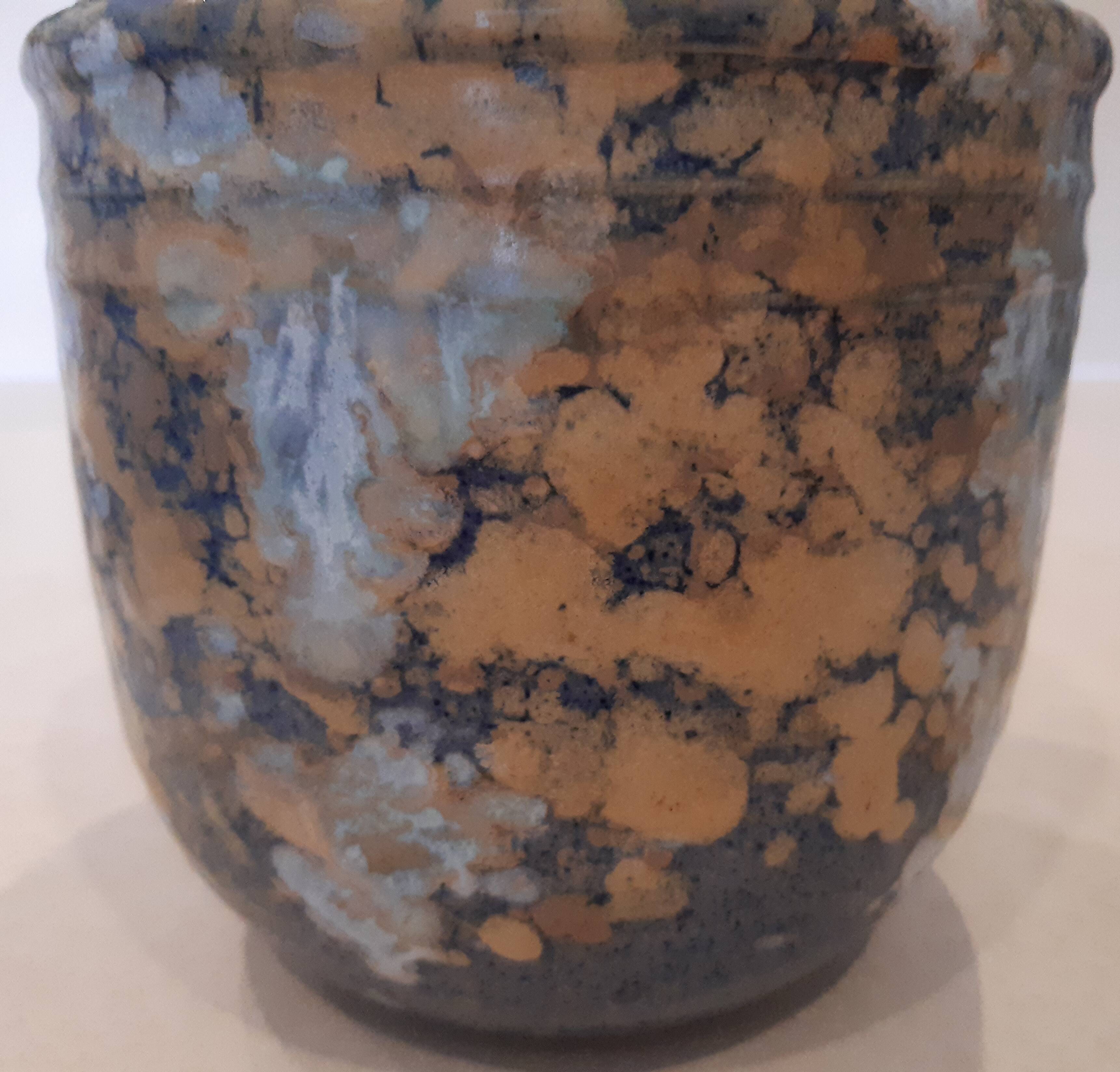 Earthenware pot cover, blue, fawn, grey décor.
