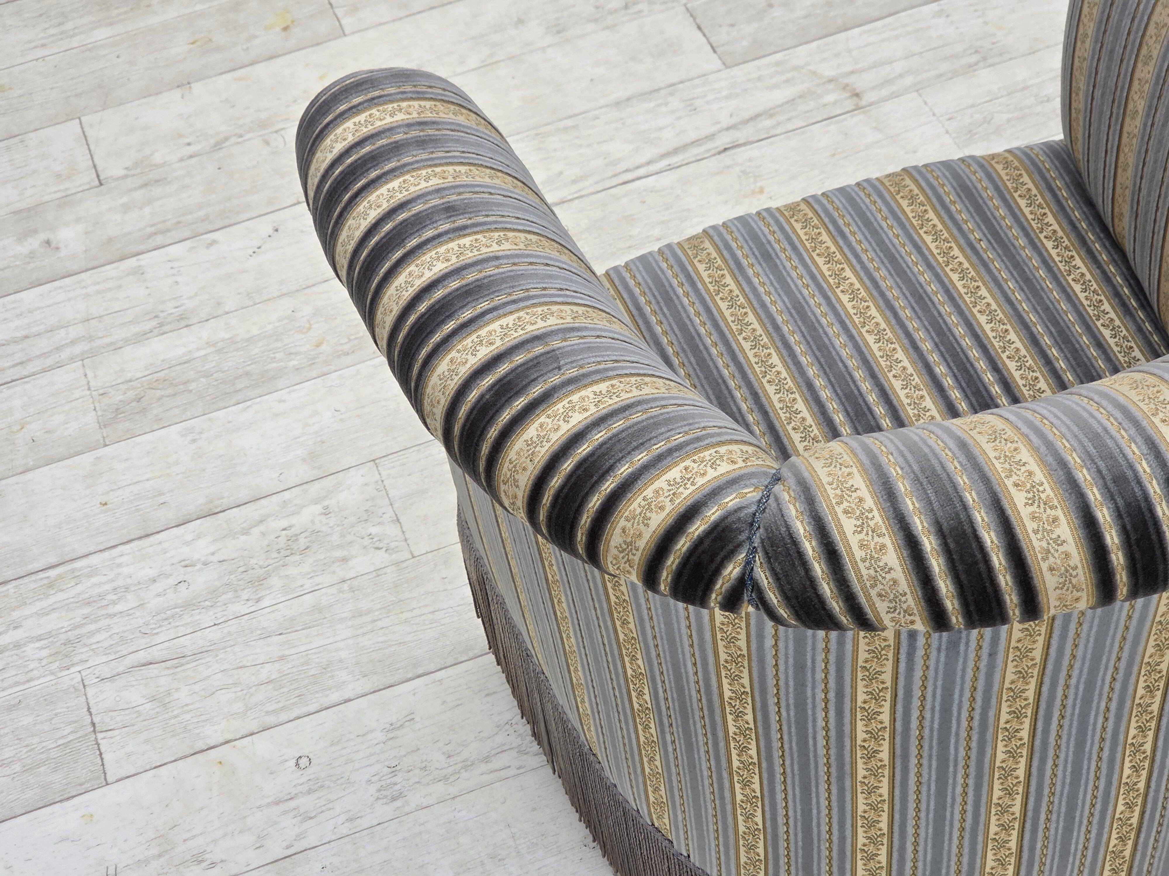 1960s, Danish lounge chair, blue/beige furniture velour, beech wood legs.