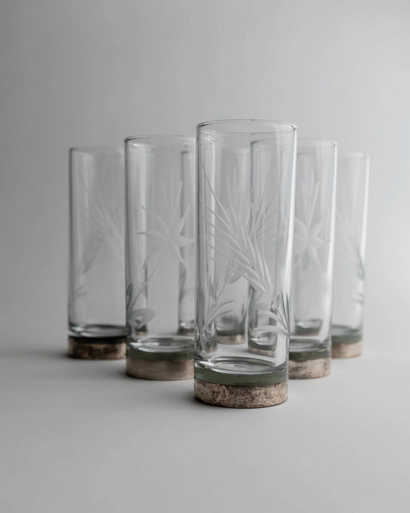 Silver Base Clear Glass Set of 6 - Italian 1960s Etched Wheat and Floral Design