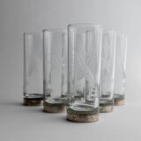 Silver Base Clear Glass Set of 6 - Italian 1960s Etched Wheat and Floral Design