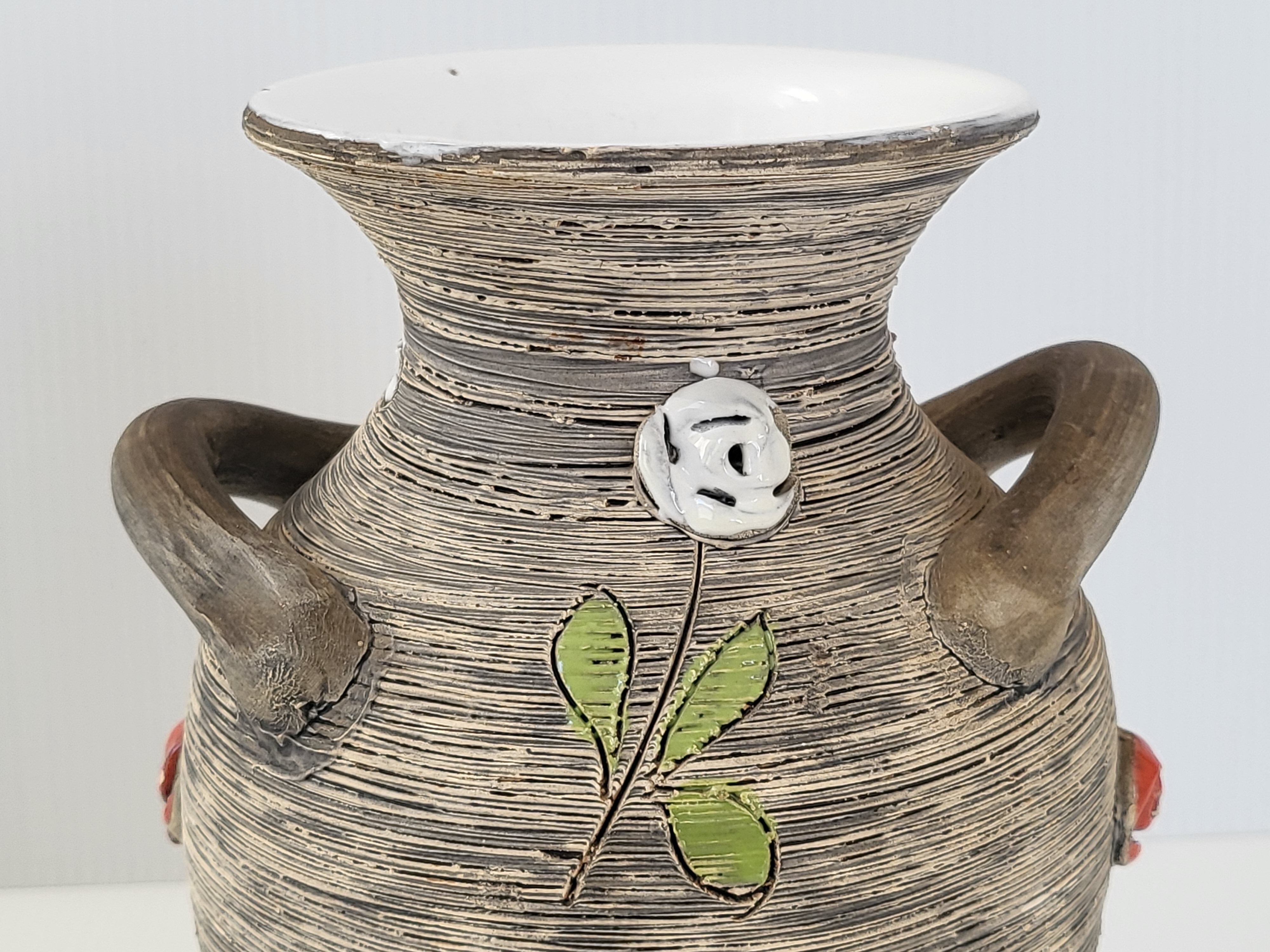 Vintage vase 1950 ceramic flowers relief
