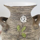 Vintage vase 1950 ceramic flowers relief