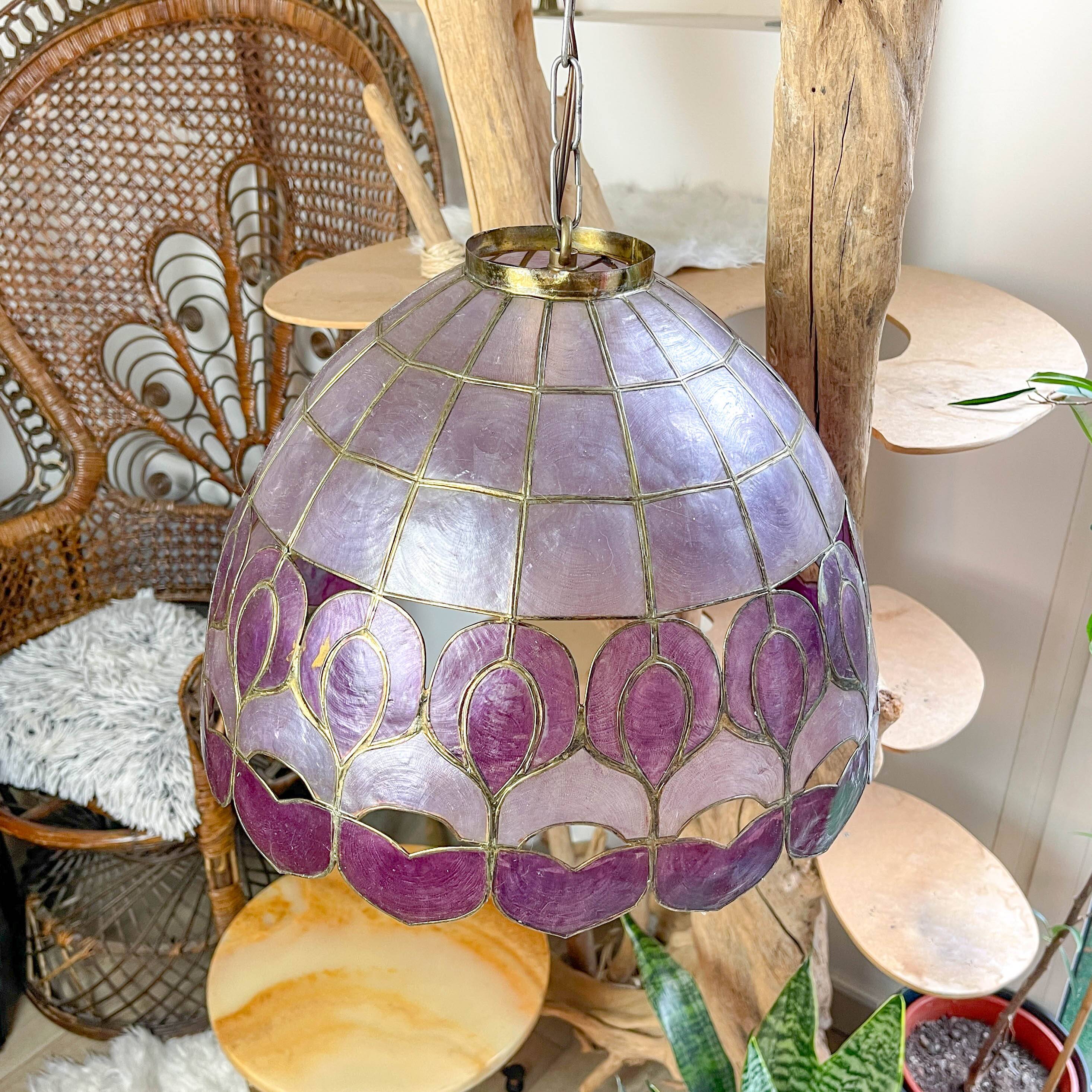 Vintage two-tone purple capiz mother-of-pearl and brass pendant light – art deco style chandelier