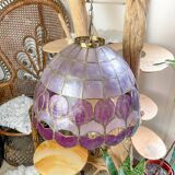 Vintage two-tone purple capiz mother-of-pearl and brass pendant light – art deco style chandelier