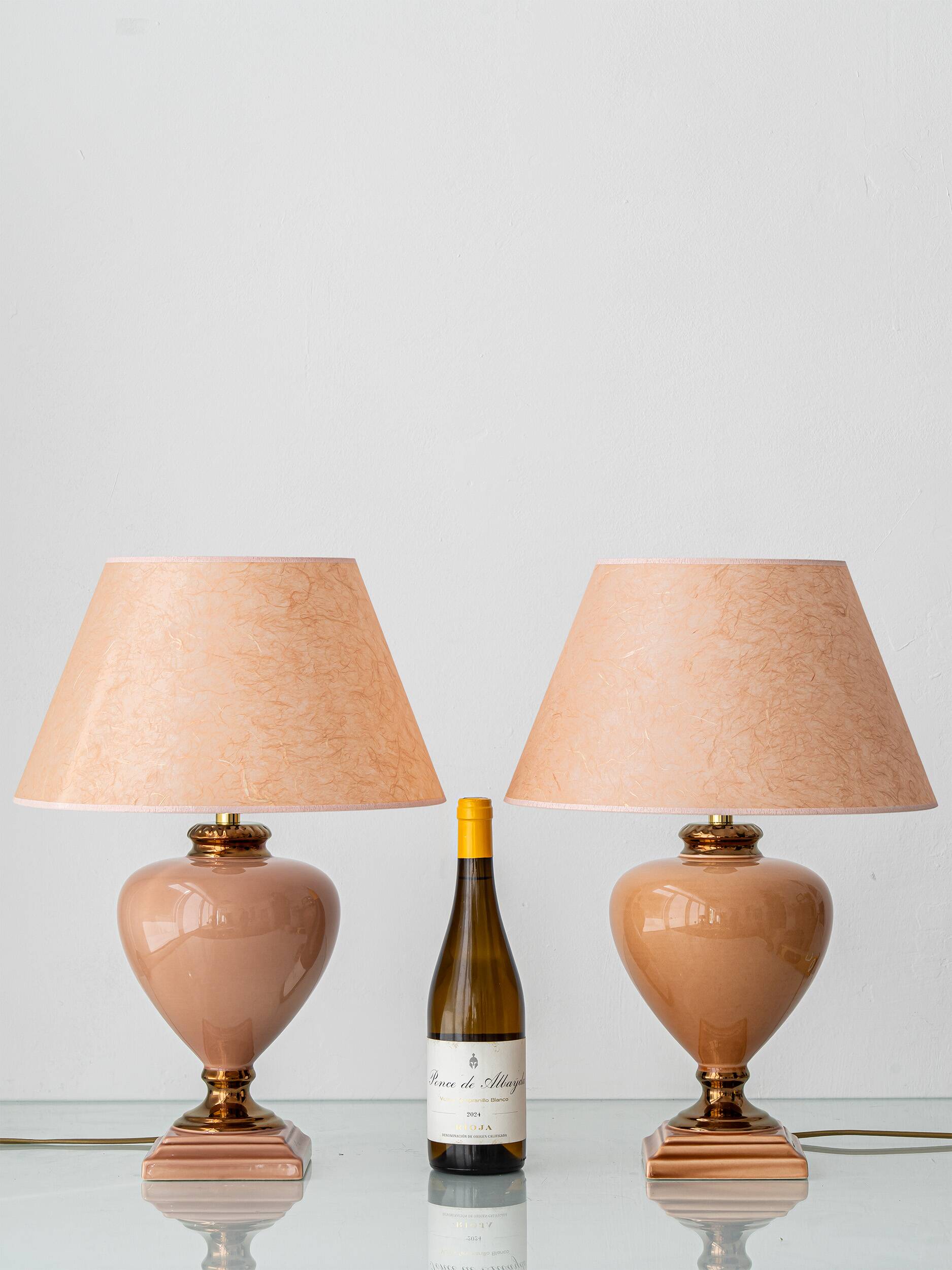 Pair of Salmon Pink Ceramic Table Lamps by Louis Drimmer, New Lampshades