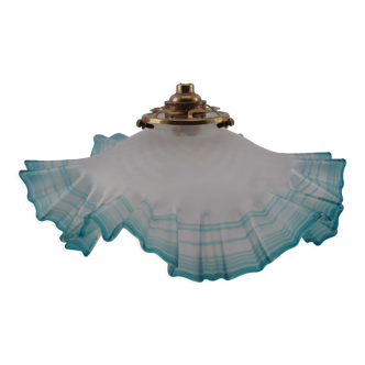 Suspension in turquoise blue satin frosted glass, in the form of pleated handkerchief lace