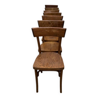 Set of 7 old wooden bistro chairs