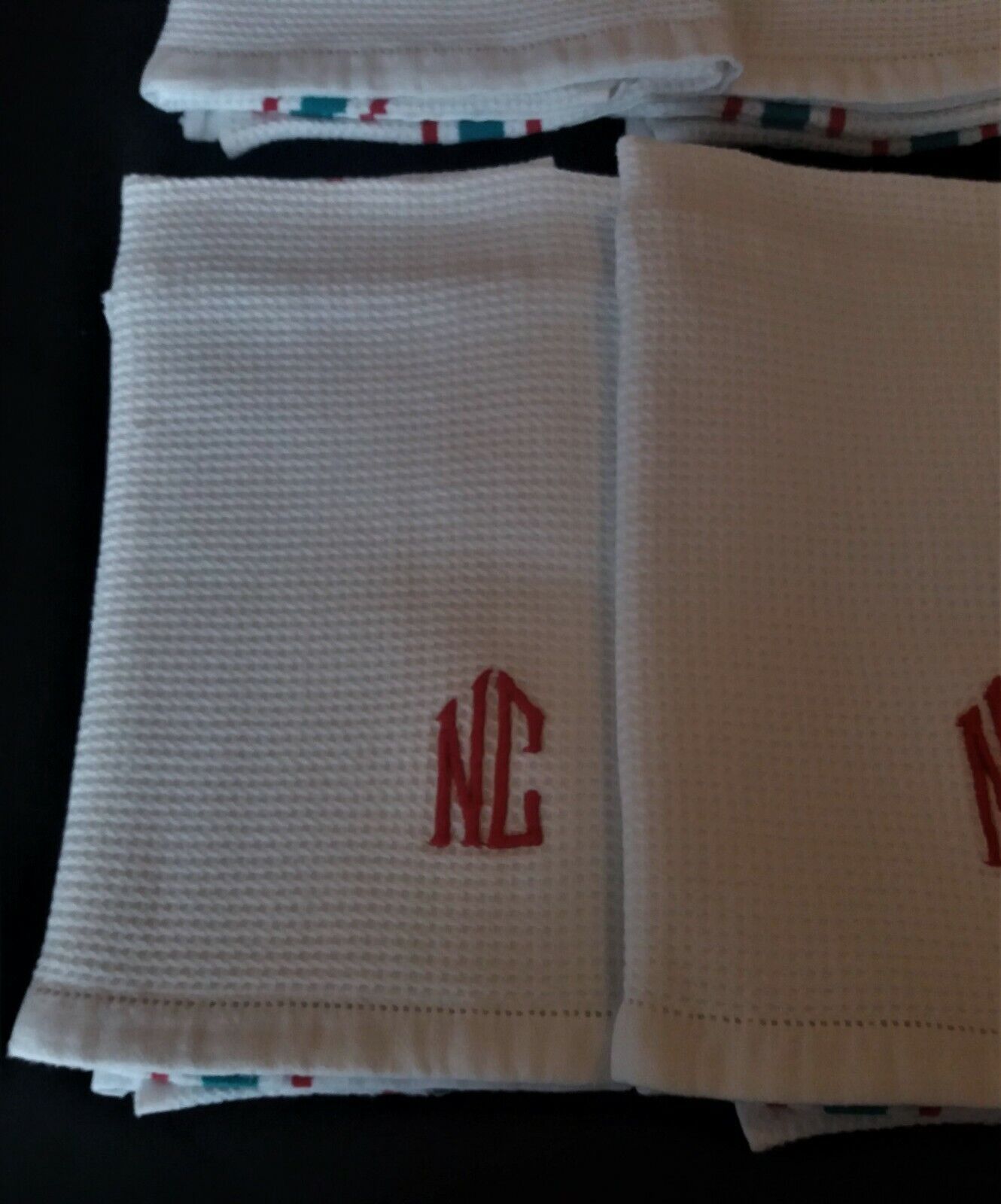 Set of ten antique cotton honeycomb towels hand-embroidered figure