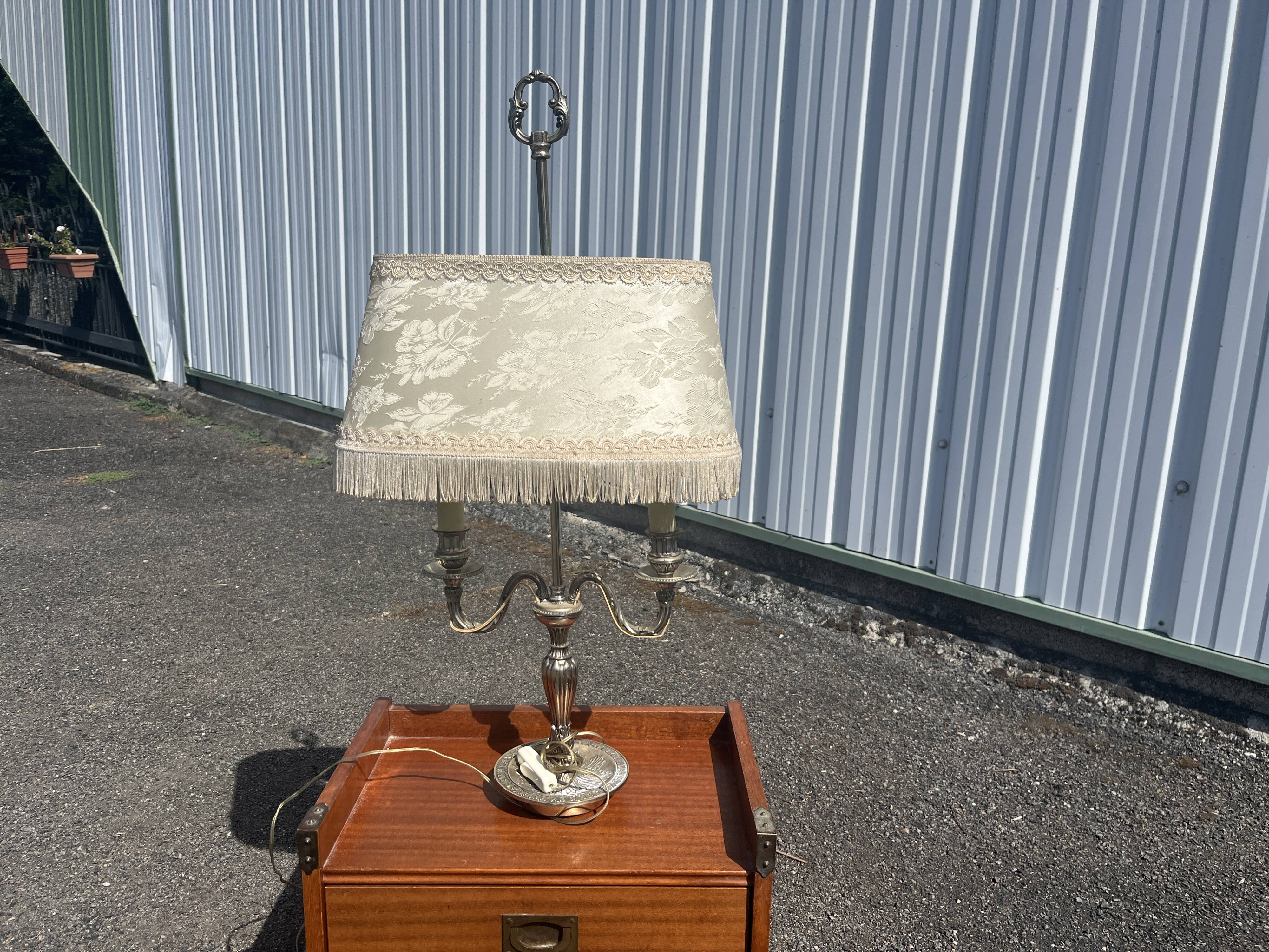 Two-armed hot water bottle lamp in silver metal with fringed fabric shade