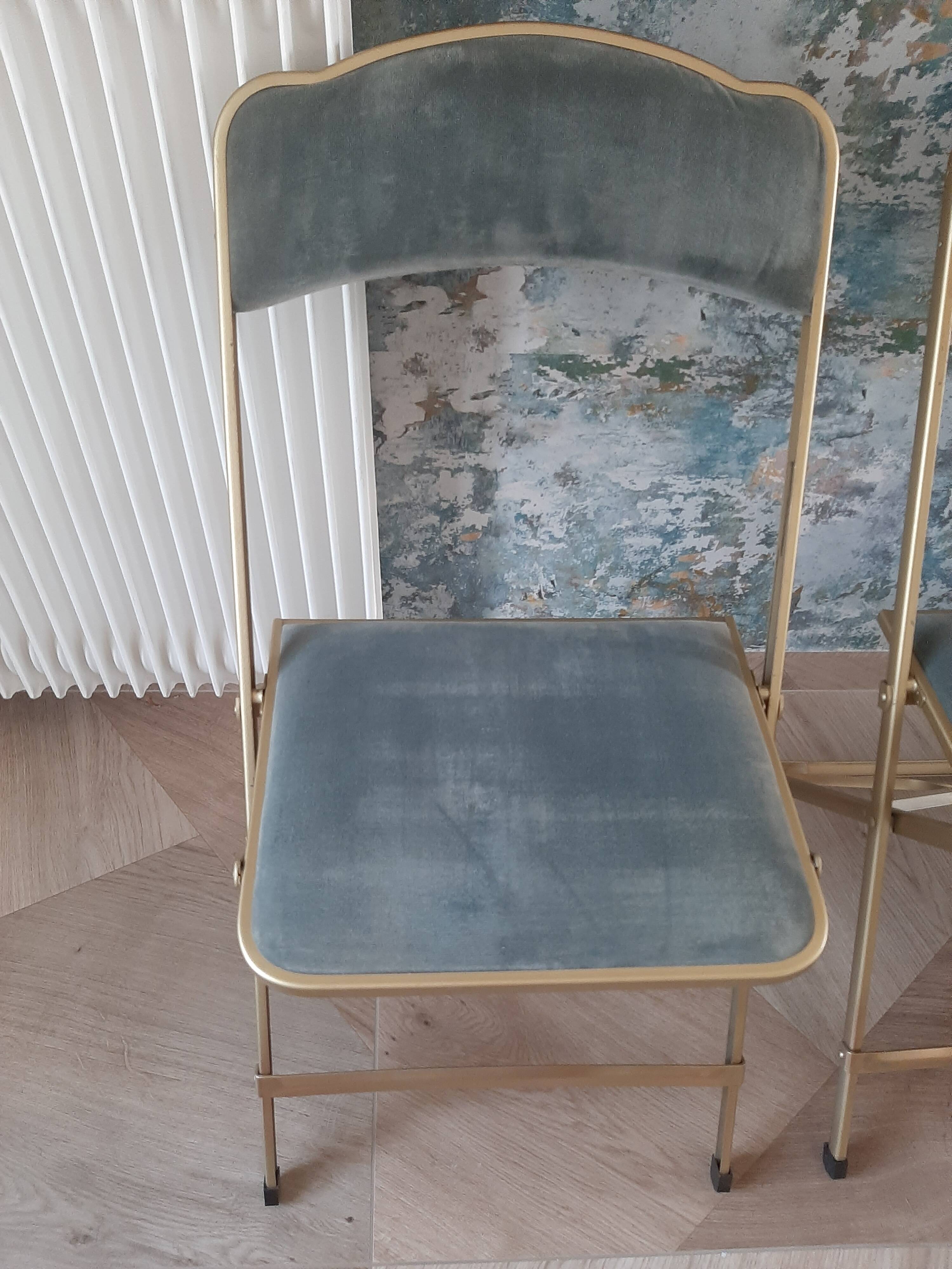 Lot de 4 chaises  pliantes - dossier et assise vert d'eau - structure métal doré -Chaisor