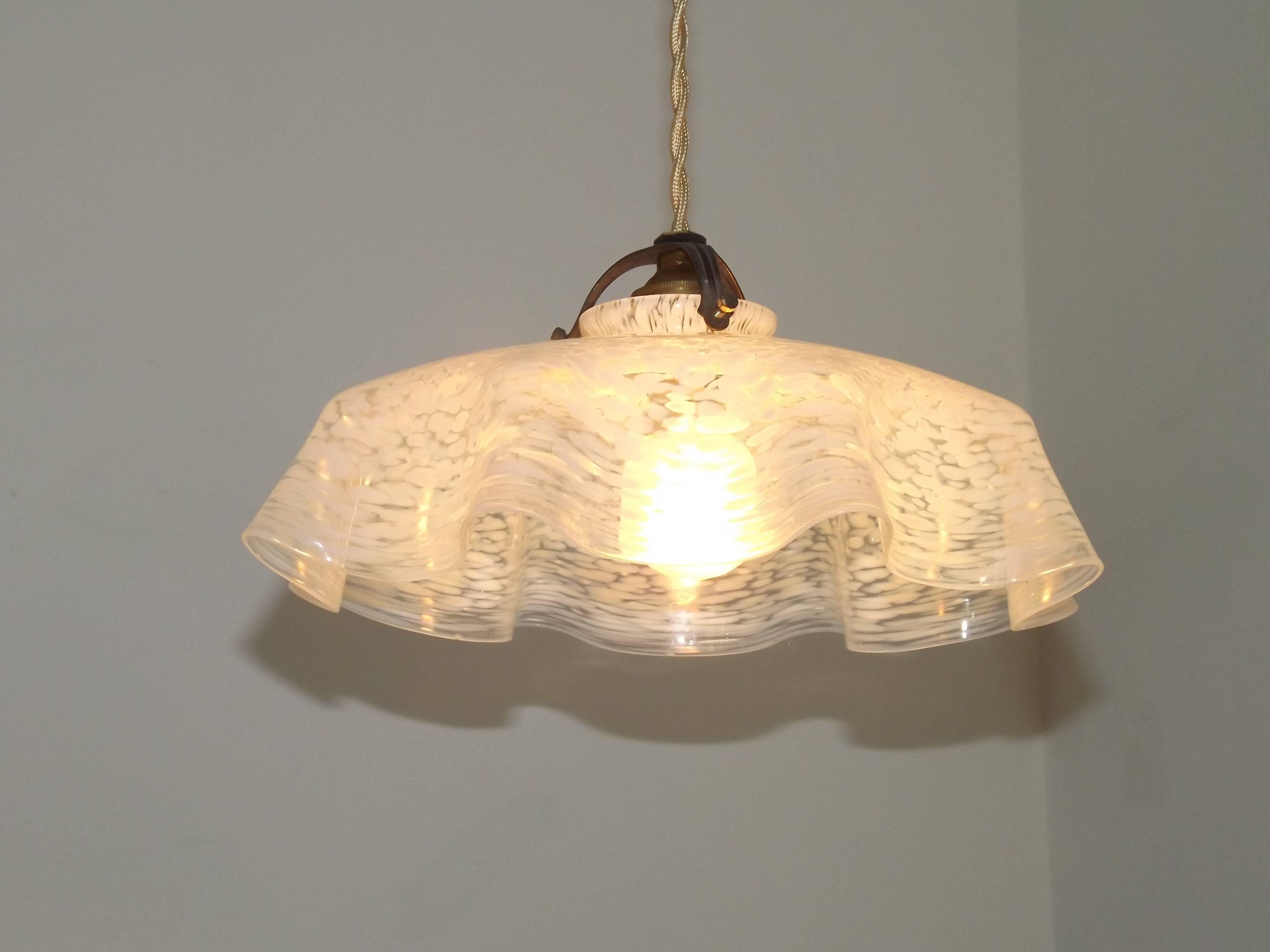 French Vintage 1930s White Frilled Clichy Glass Lampshade Ceiling Light