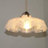 French Vintage 1930s White Frilled Clichy Glass Lampshade Ceiling Light