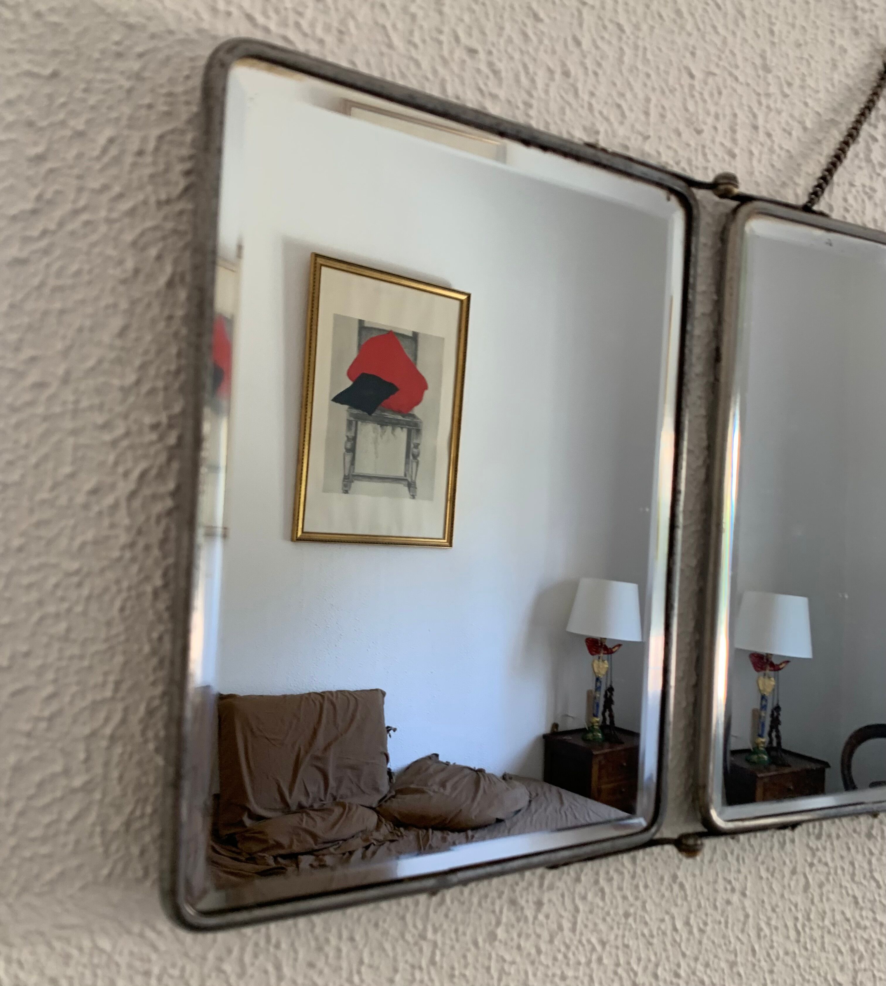 Vintage mirror 1950 triptych beveled purple barber - 25 x 58 cm