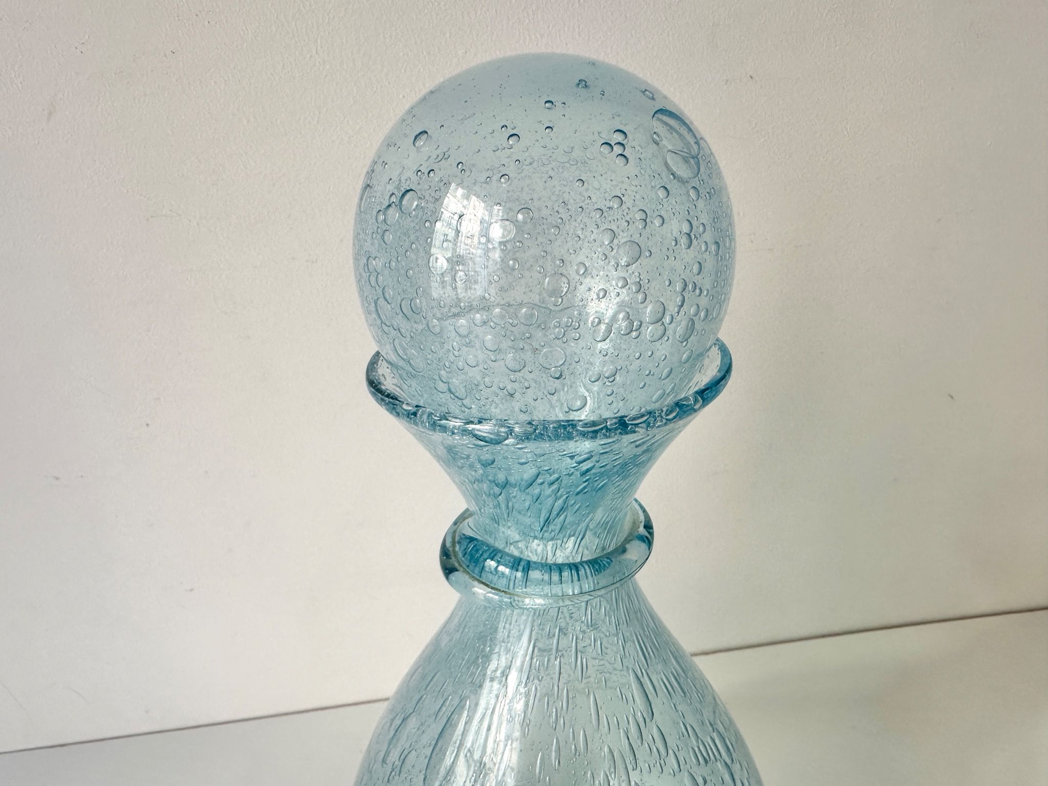 Vintage 1960s blue bubble glass BIOT carafe