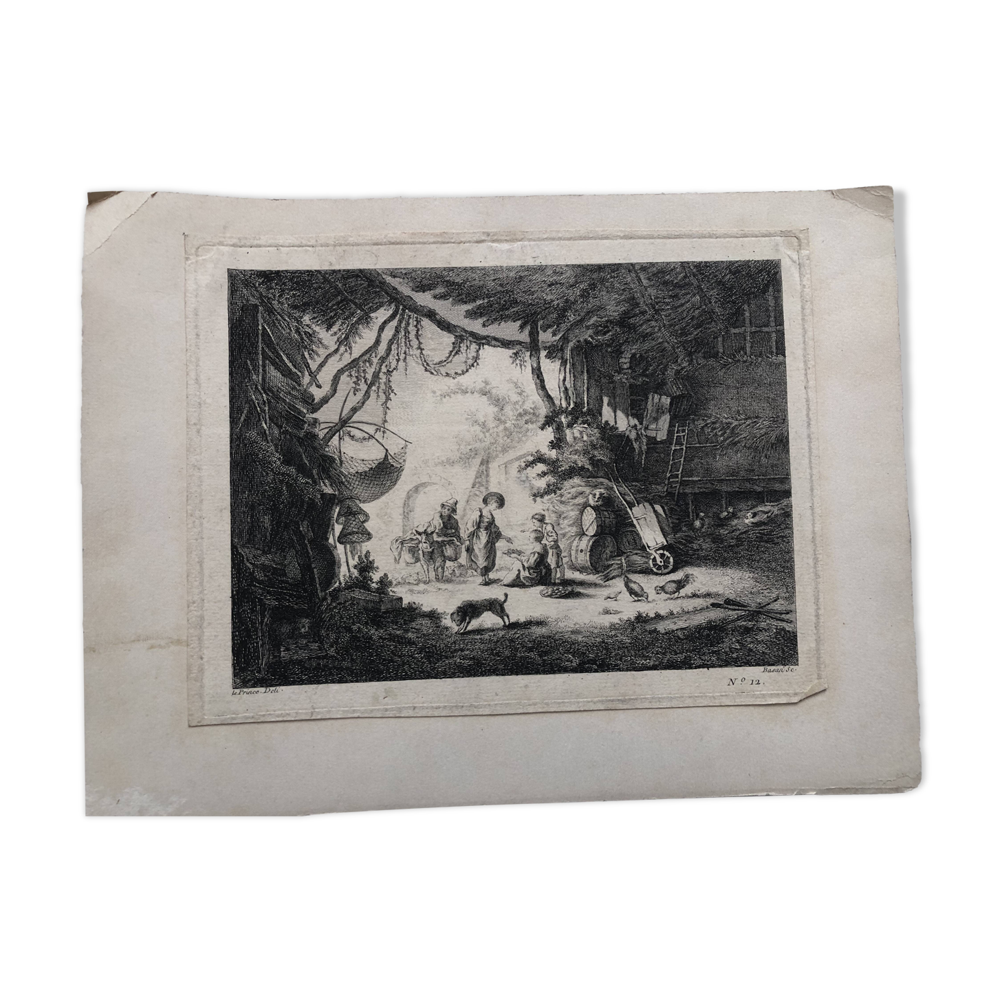 18th century forged water engraving children on the farm engraved by le prince circa 1750, printer basan n° 12