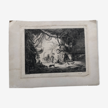 Gravure eau forte xviii° enfants a la ferme gravé par le prince vers 1750, imprimeur basan n° 12