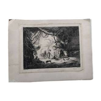 18th century forged water engraving children on the farm engraved by le prince circa 1750, printer basan n° 12