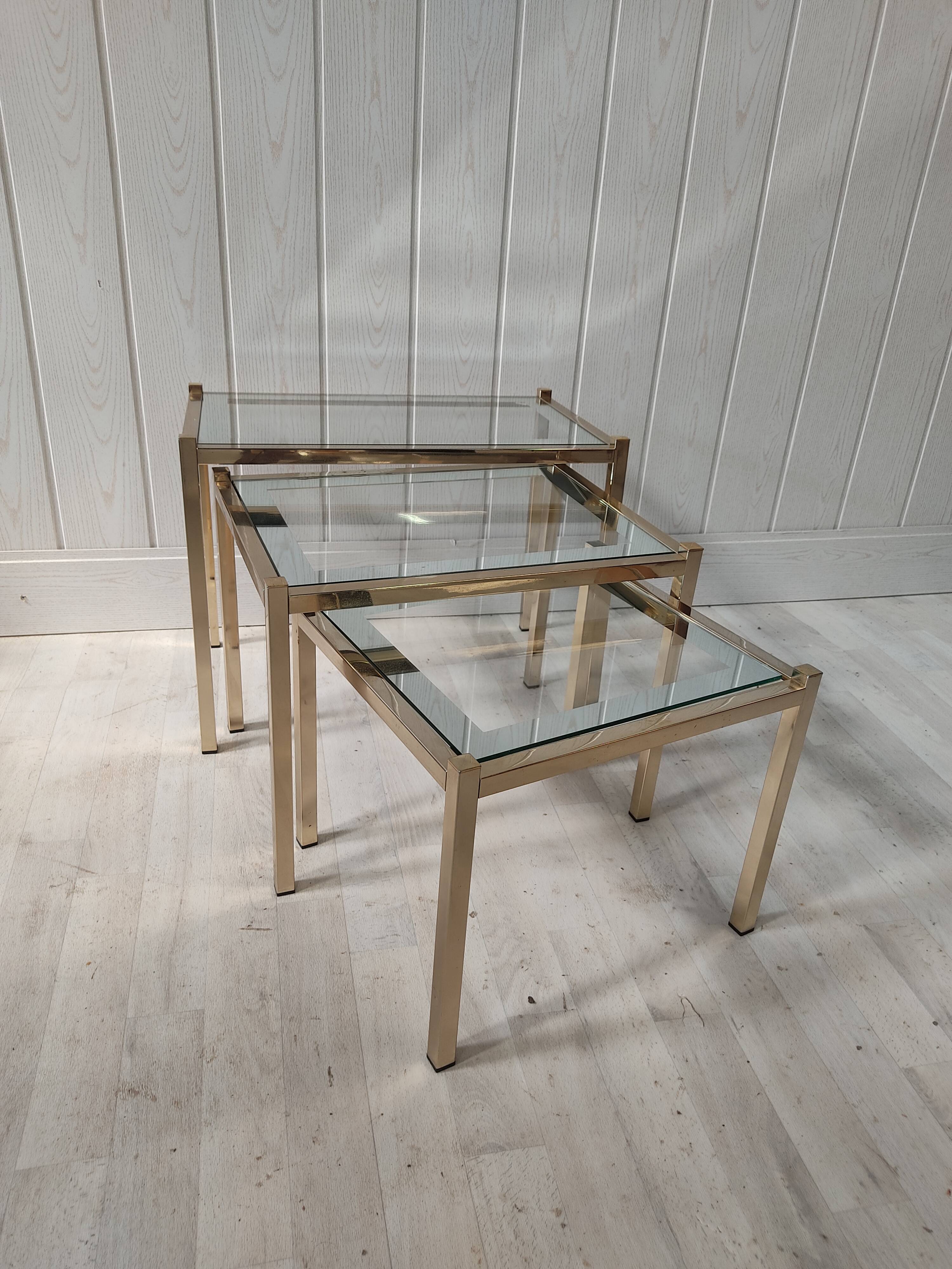 Vintage gilded metal side tables, glass and mirror