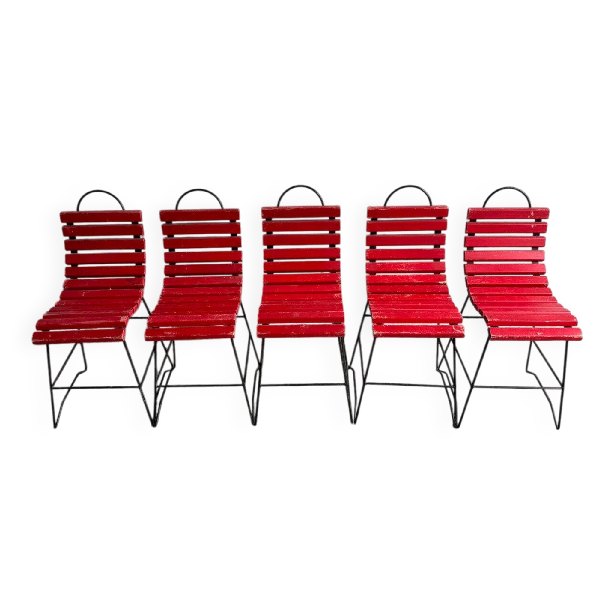 Red slatted chair with a black metal frame.
