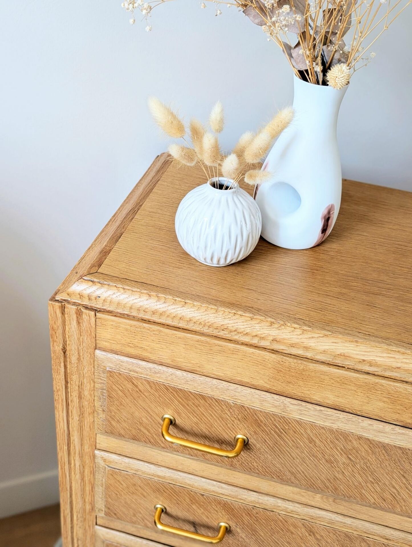 Commode vintage rénovée, chêne blond, pieds compas, années 50 60