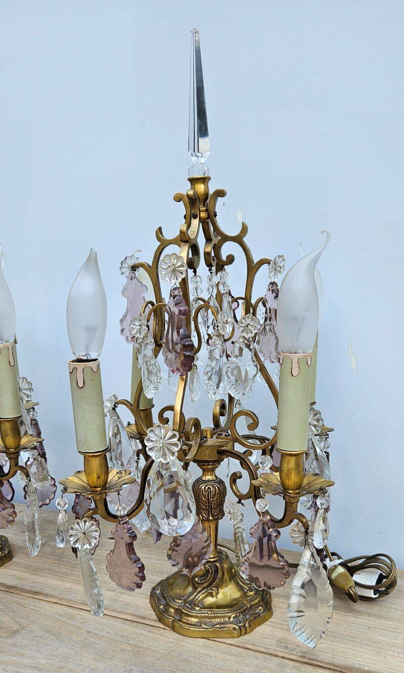 Pair of Gilt Bronze Candelabras with Colored Crystal Tassels