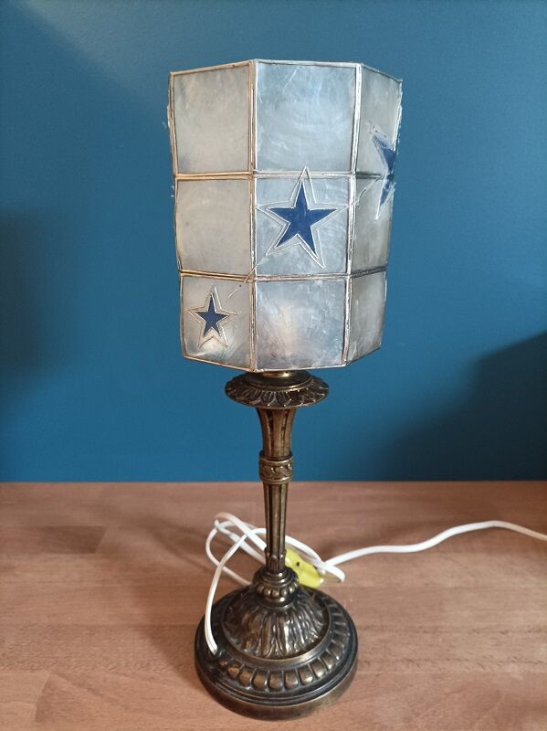 Bedside lamp mother-of-pearl blue star base bronze brass