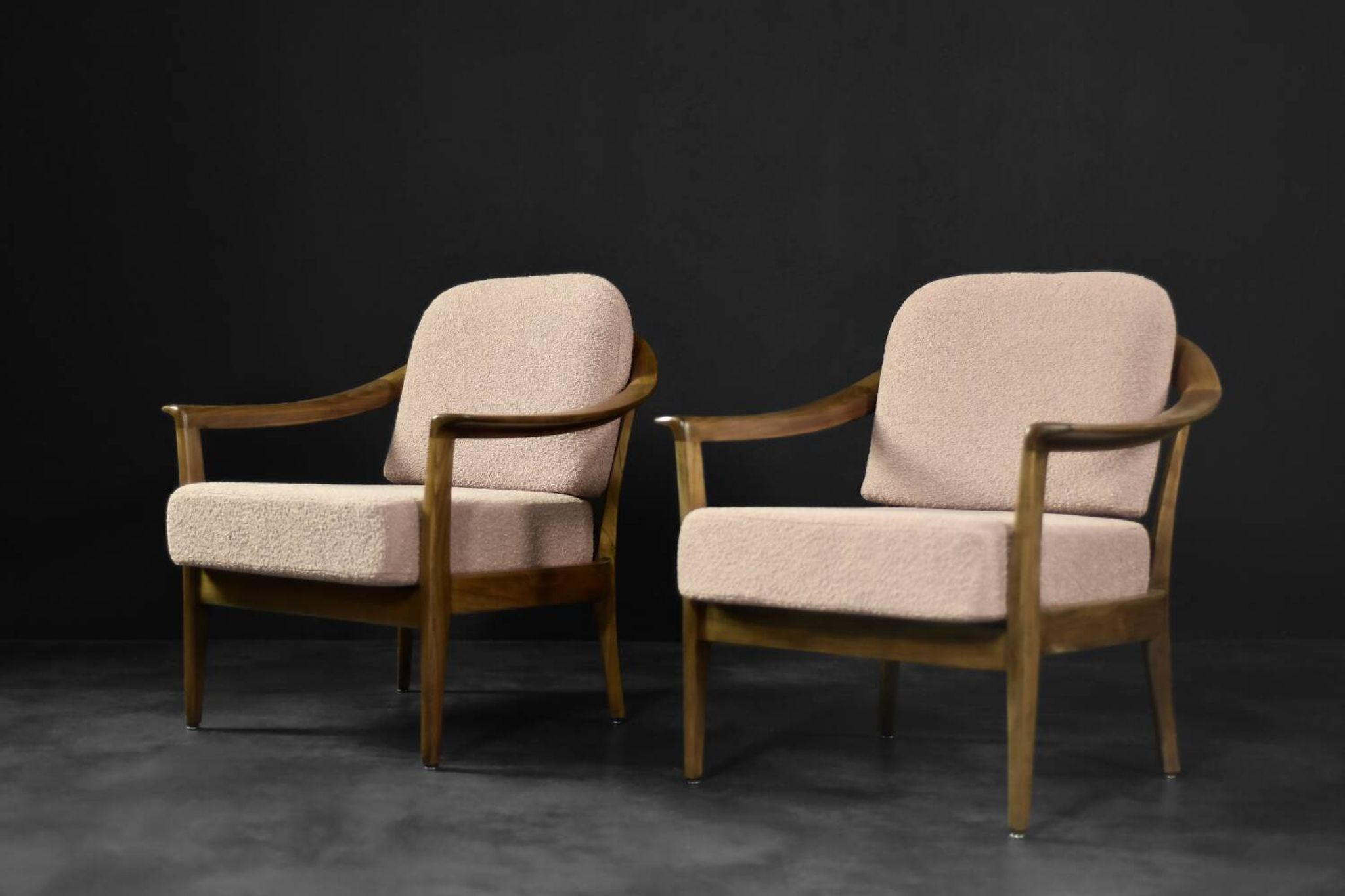 Pair of Mid-Century German Elegant Cherry Wood and Dusty Pink Fabric Armchairs