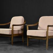Pair of Mid-Century German Elegant Cherry Wood and Dusty Pink Fabric Armchairs