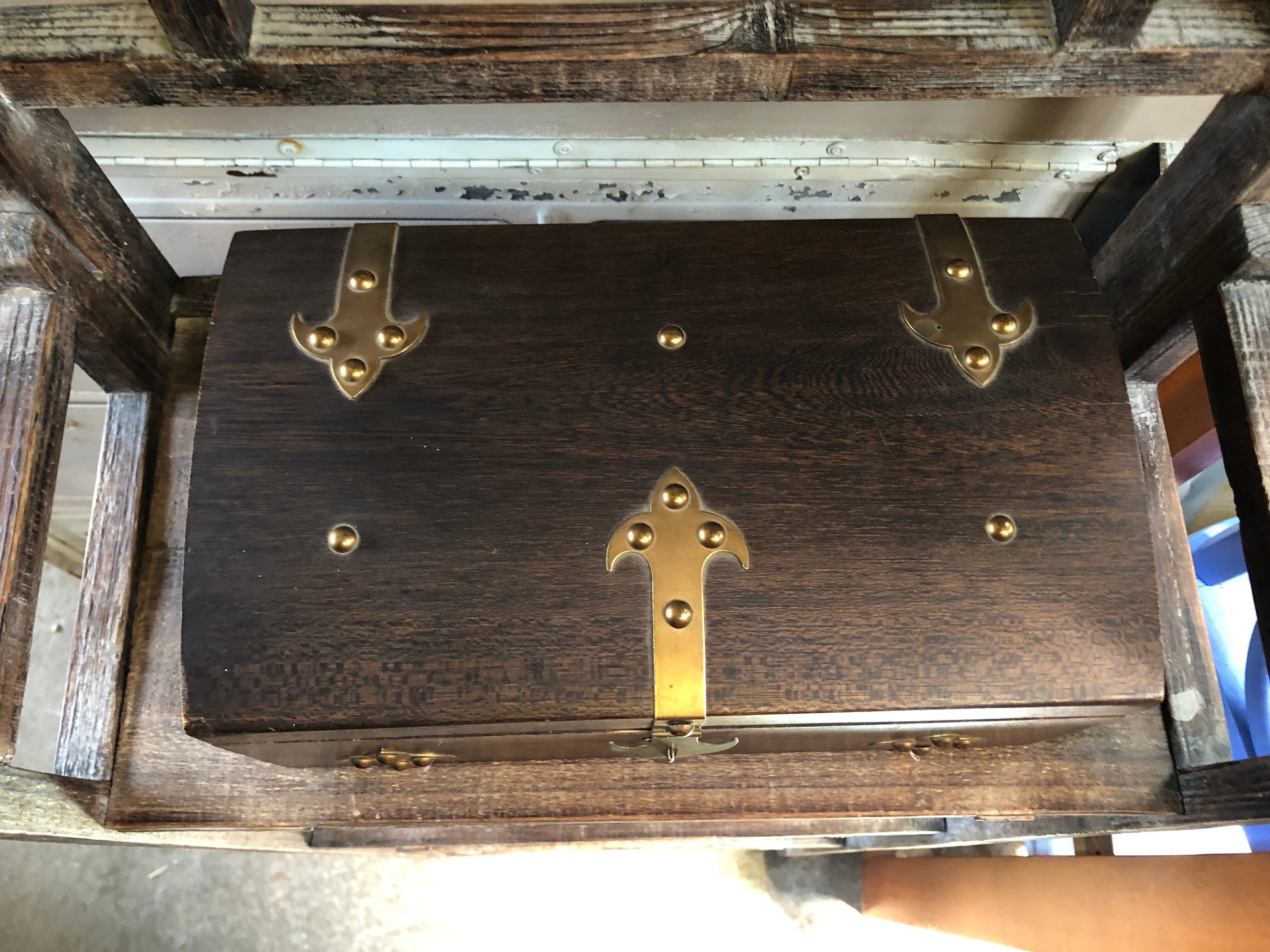 Old Box Storage Wood + Clamoir Metal Gilded Interior Fabric Red Vintage