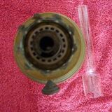Old German kerosene lamp on foot in yellow copper period 19th German petroleum lamp
