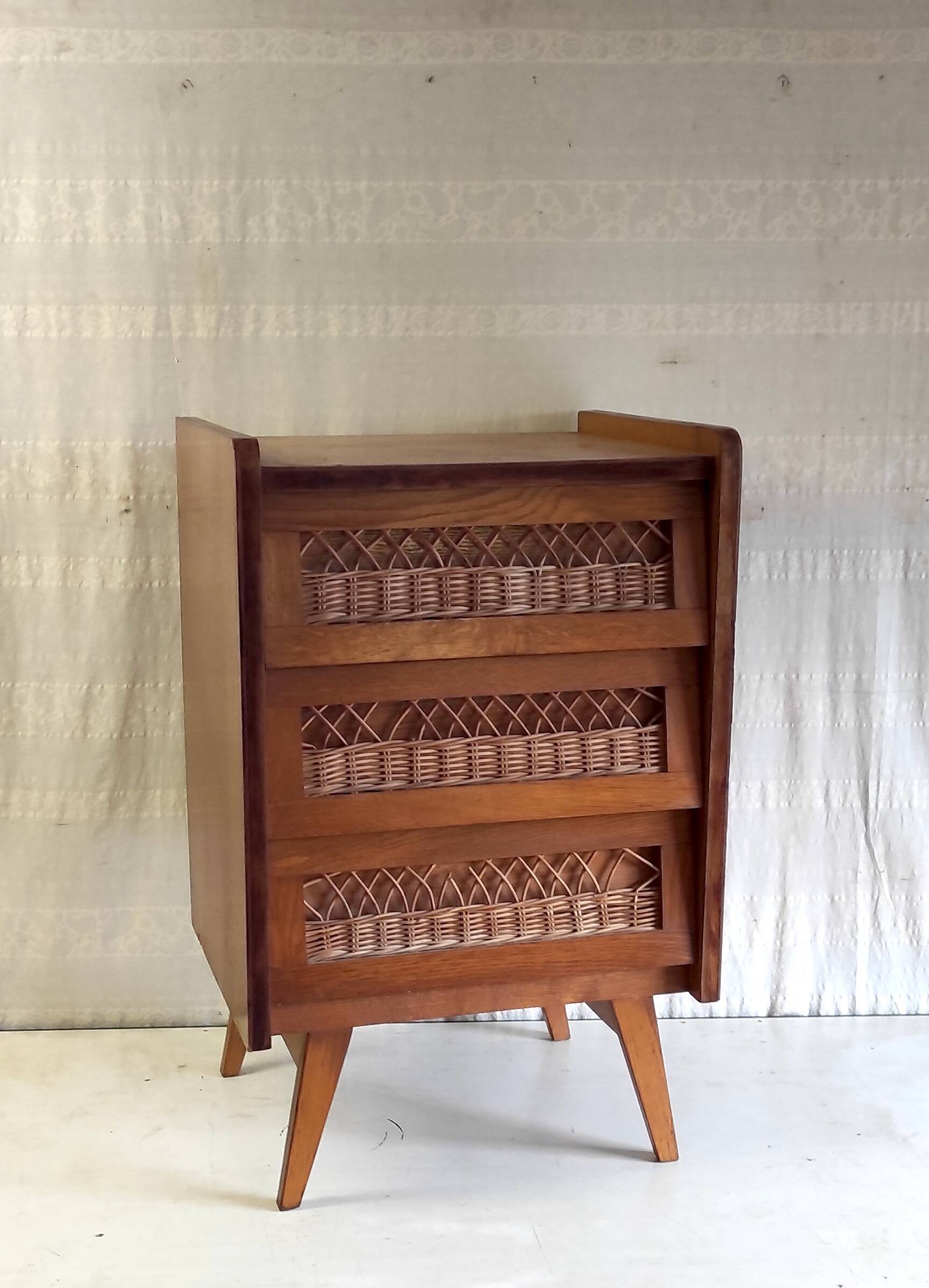Vintage solid wood chest of drawers with rattan decor - 60s/70s