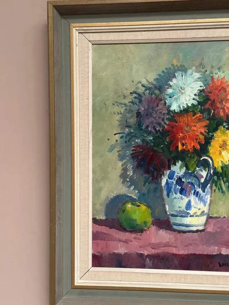 Original Swedish Oil on Canvas – “Asters in a Ceramic Vase” by Eric Lundgren – Signed – Vintage and Framed – 60 × 54 cm (23.6" × 21.3")