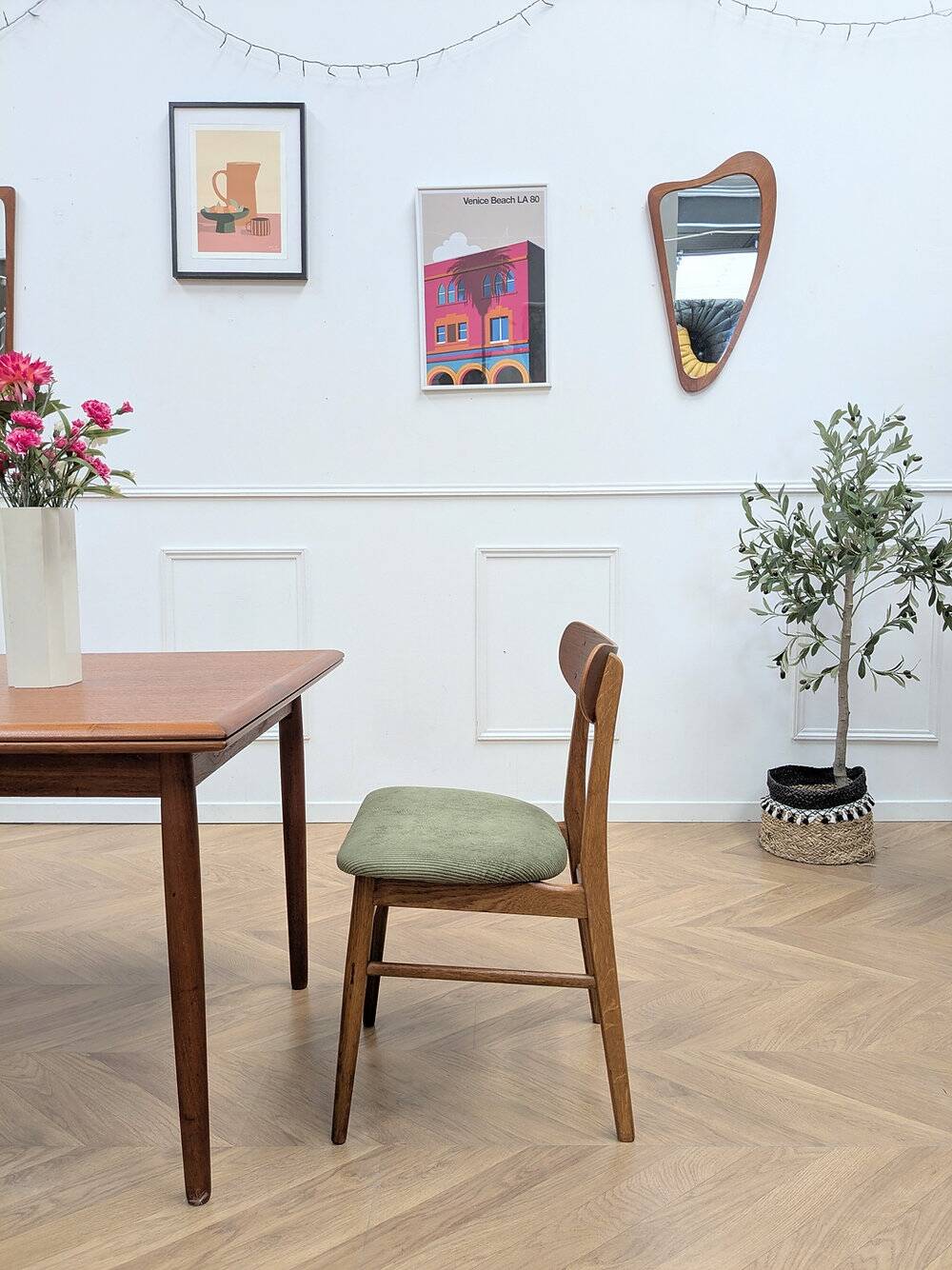 Chaise scandinave teck & tissu vert
