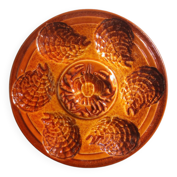 Assiette à huîtres vintage française en majolique de Sarreguemines