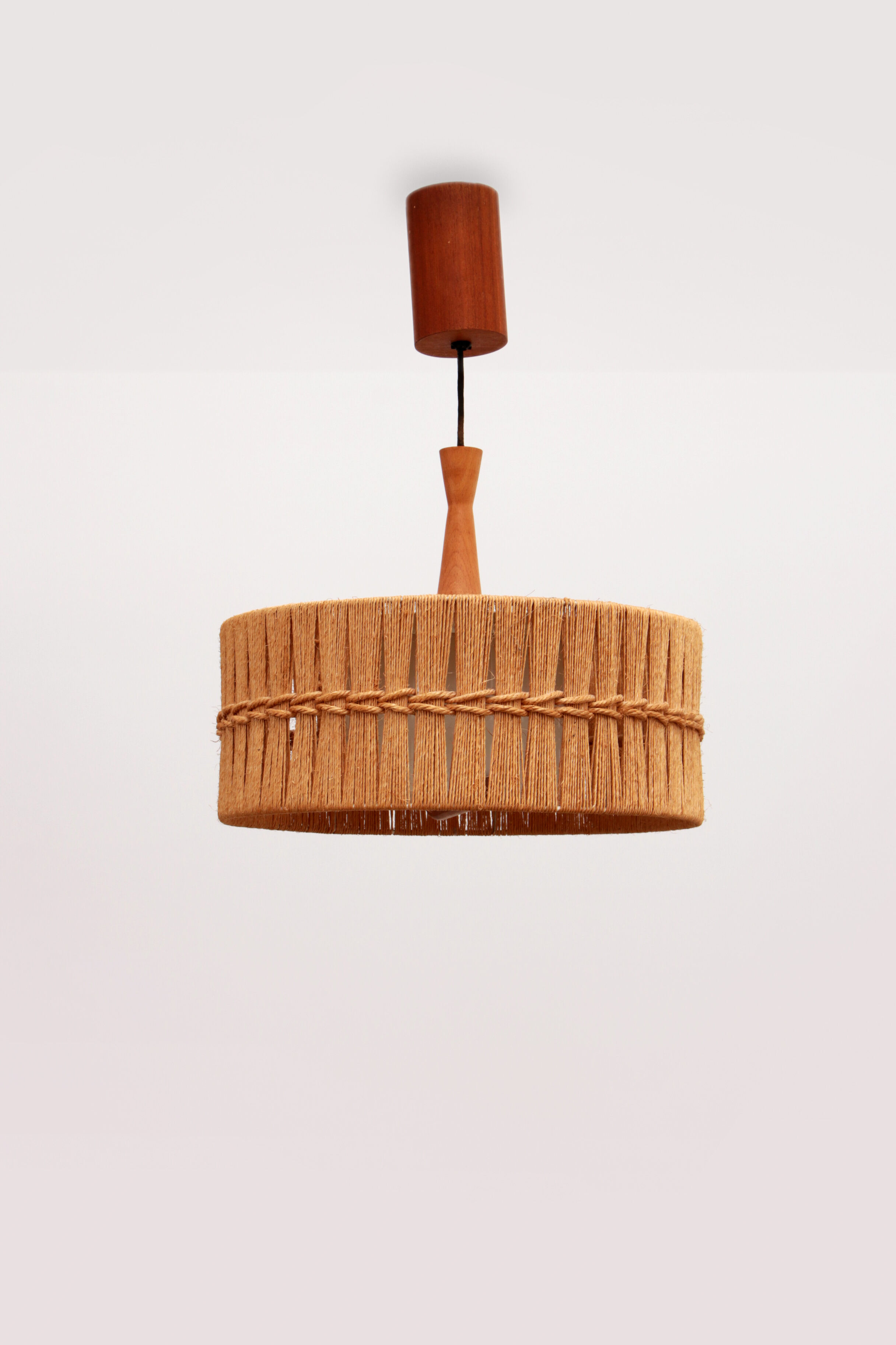 Vintage Temde Hanging Lamp with Teak and Raffia 1960s Germany.