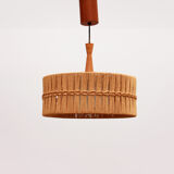 Vintage Temde Hanging Lamp with Teak and Raffia 1960s Germany.