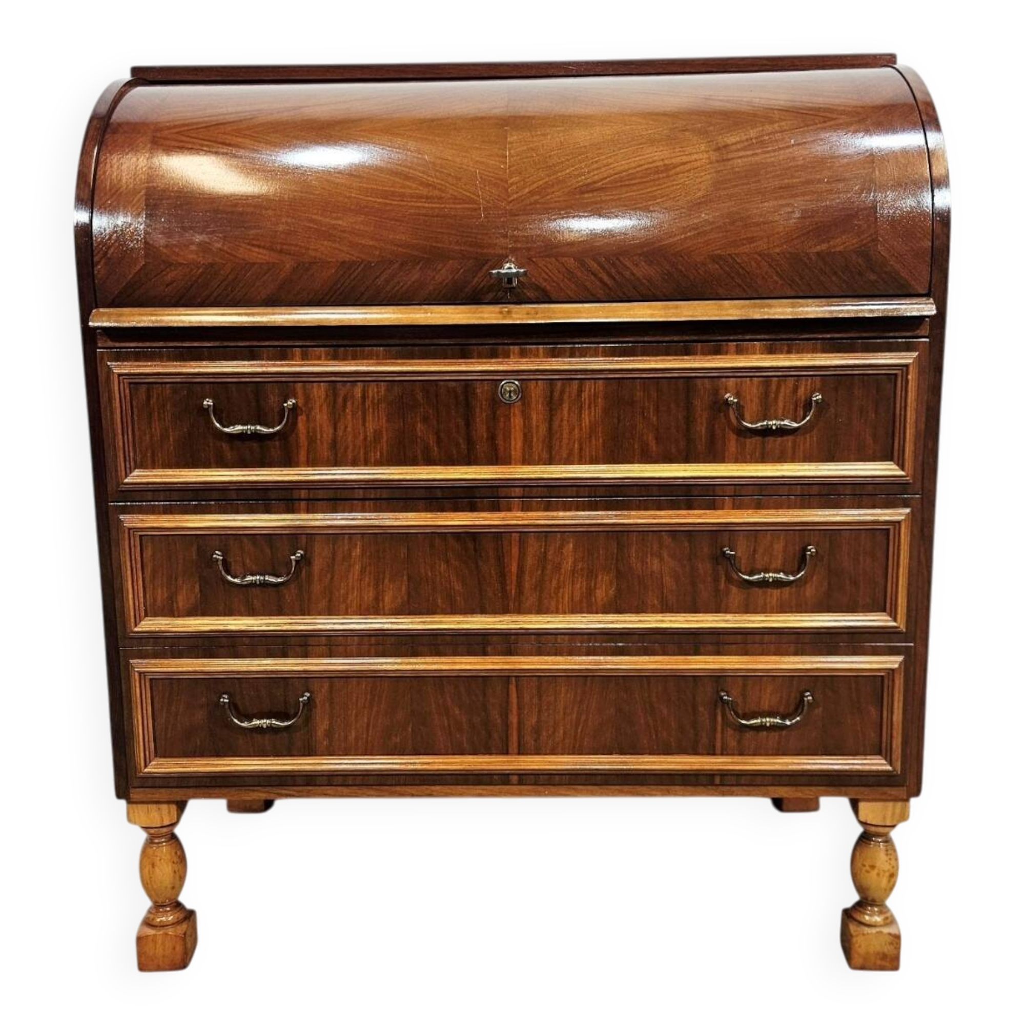 Walnut cylinder-roll-top secretary desk, 1970s.