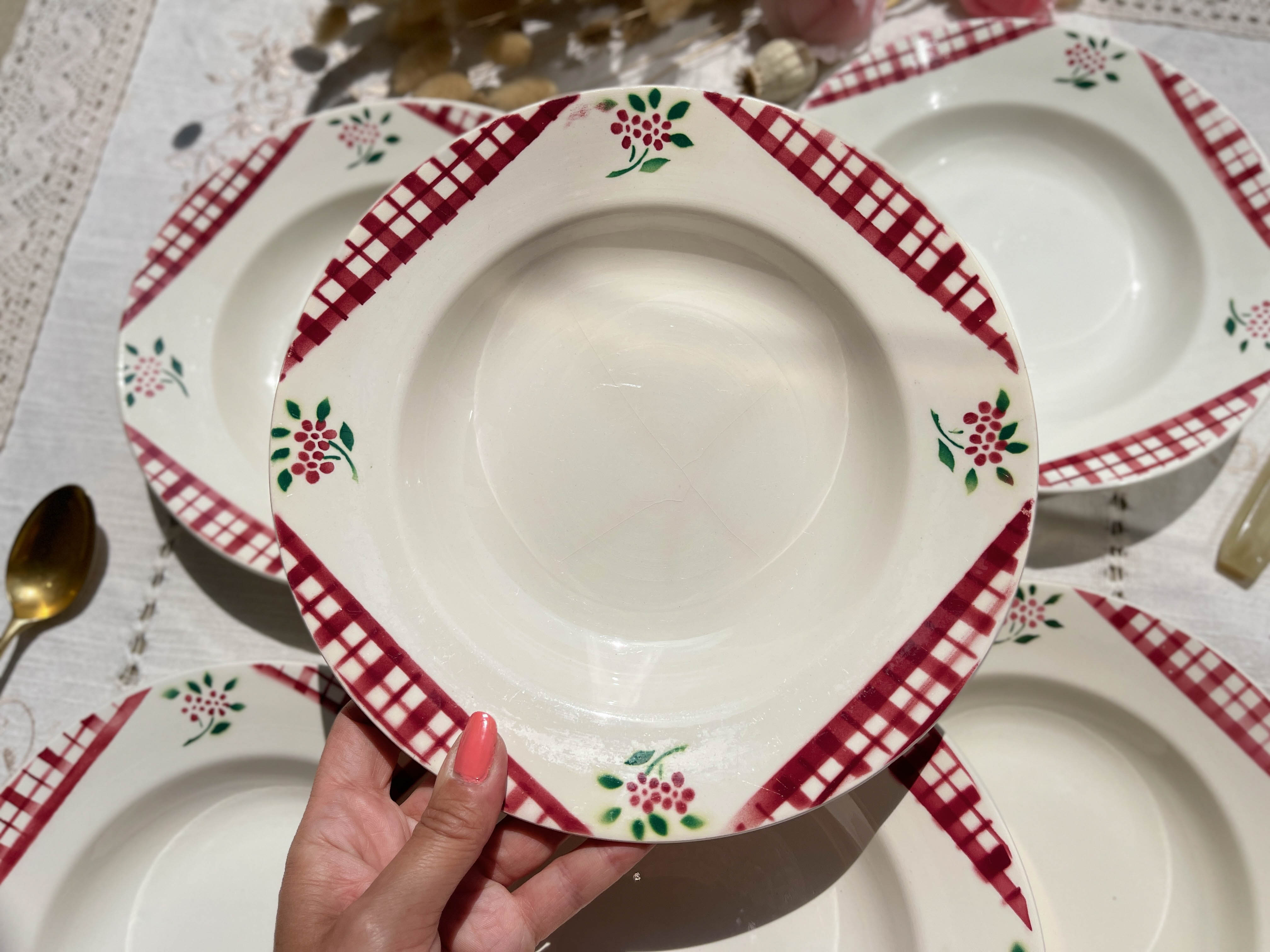 6 Digoin Sarreguemines Niger model soup plates with floral pattern and red/white checks