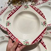 6 Digoin Sarreguemines Niger model soup plates with floral pattern and red/white checks