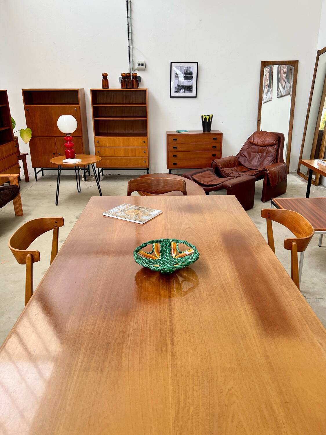 Italian walnut and chrome dining table with 4 drawers