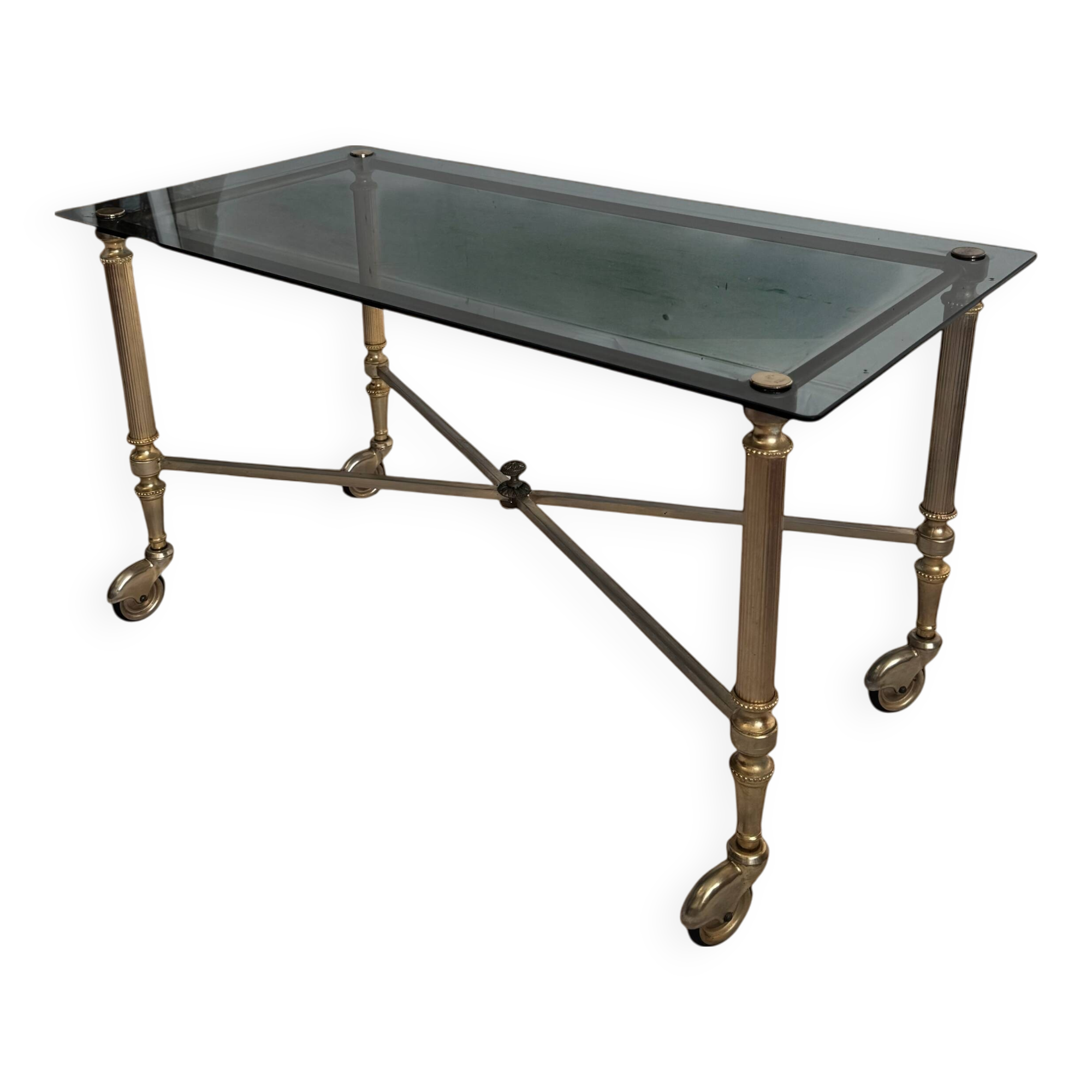 Brass and smoked glass coffee table, neoclassical design.