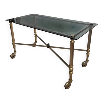 Table basse laiton & verre fumé, design néoclassique