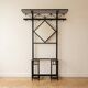 Antique black wrought iron coat rack with mirror.