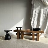 Solid wood bench with openwork base crossed by a cylinder - Mango wood