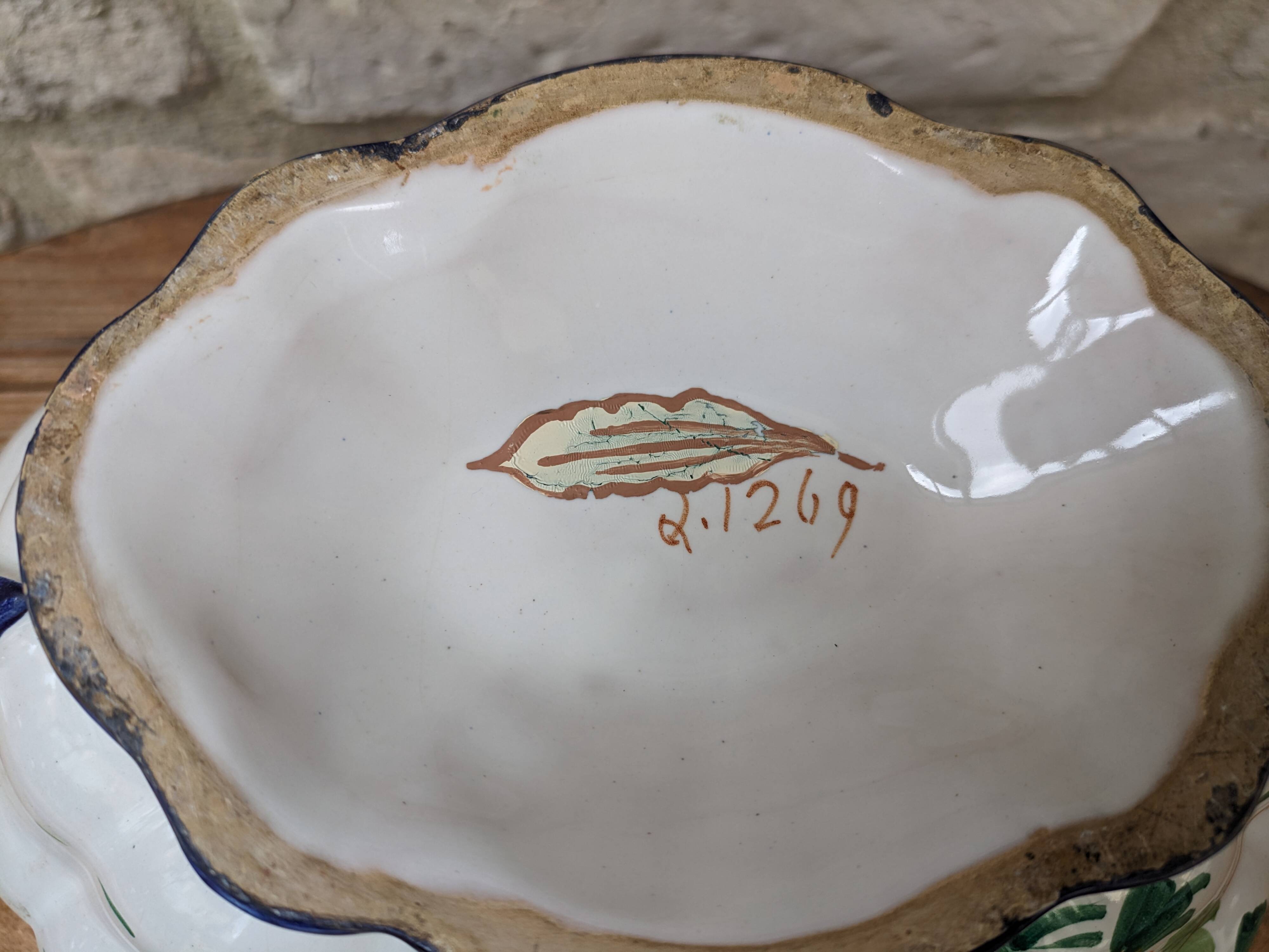 Old serving dish, vegetable dish, soup tureen without lid, flower decoration