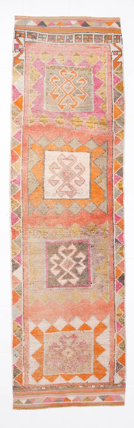 Tapis couloir kilim vintage , Orange, rose et beige boho pastel, 98x332 Cm