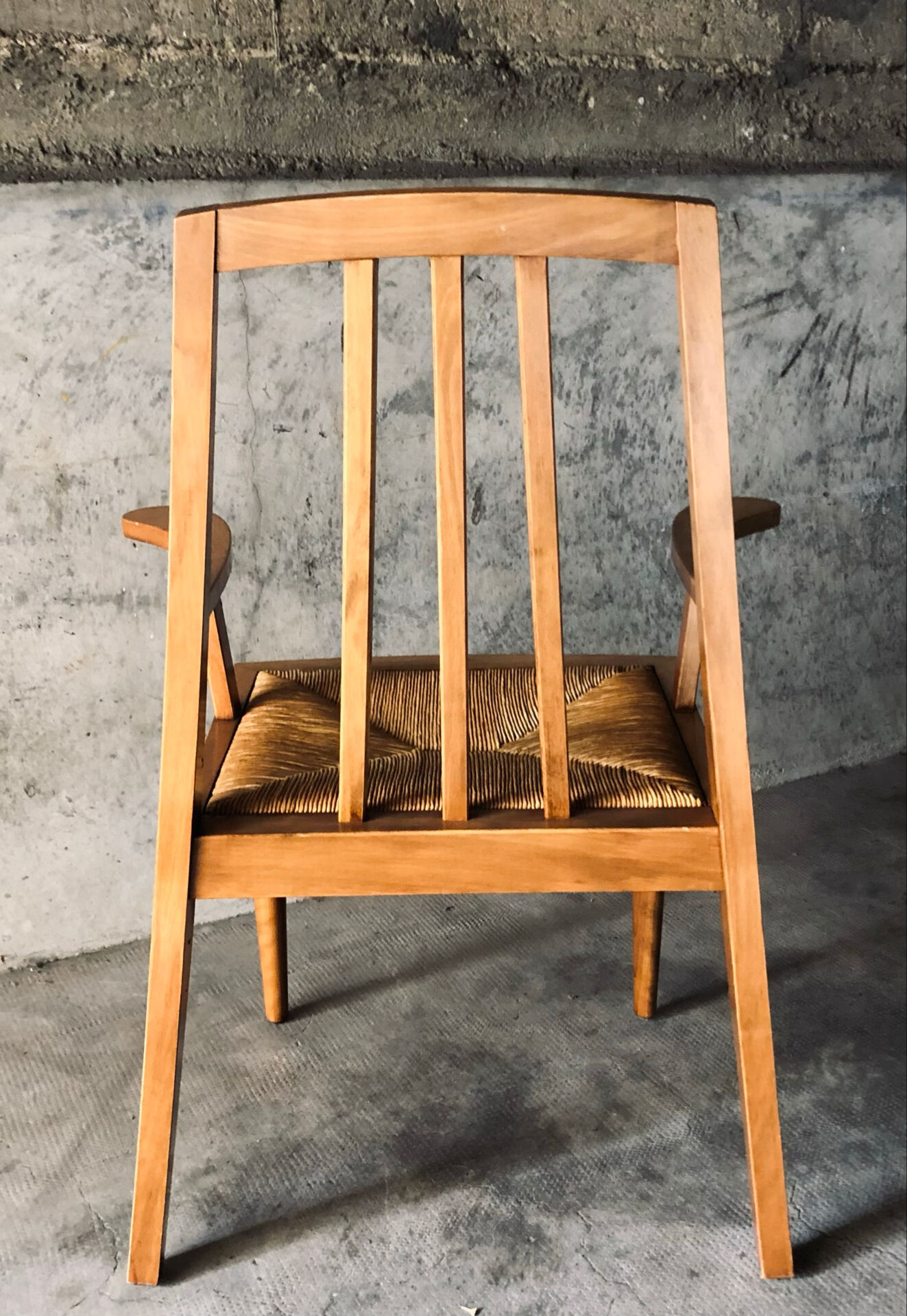 Solid wood and straw armchair, Reconstruction style, France